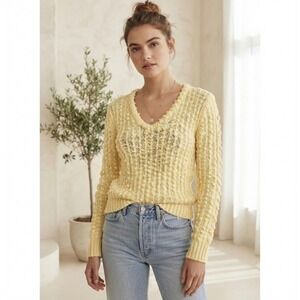 Mister Noah Vintage Yellow V-Neck Textured Knit Sweater Cozy Retro Pullover M